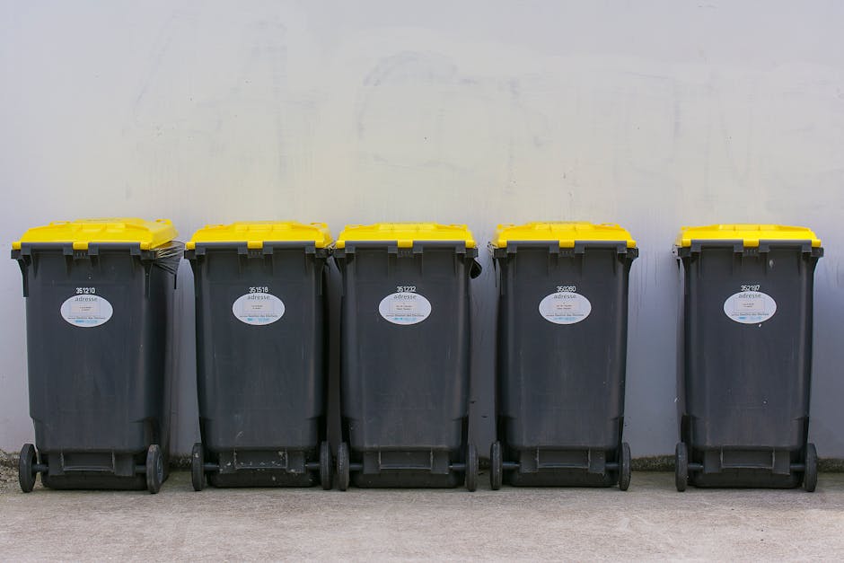 Five large wheeled rubbish bins made of black plastic with textured surfaces are positioned in a row along a plain, light grey concreting pavement against a white wall. Each bin has a bright yellow lid, secured with a hinge, and is fitted with two small black wheels at the back for mobility. White oval labels with printed text and barcodes are affixed to the front of each bin, indicating their identification or waste category. The bins are evenly spaced, with slight gaps between them, and are placed in a clean, outdoor setting, suggesting an organized waste disposal area. The overall environment features natural daylight, illuminating the bins clearly, with no other objects visible in the immediate vicinity. This scene exemplifies the typical setup for bulk rubbish storage or collection points, aligning with services related to private rubbish collection or on-site clearance for waste disposal in a residential or commercial outdoor context, provided by Rubbish Removal Kensington.